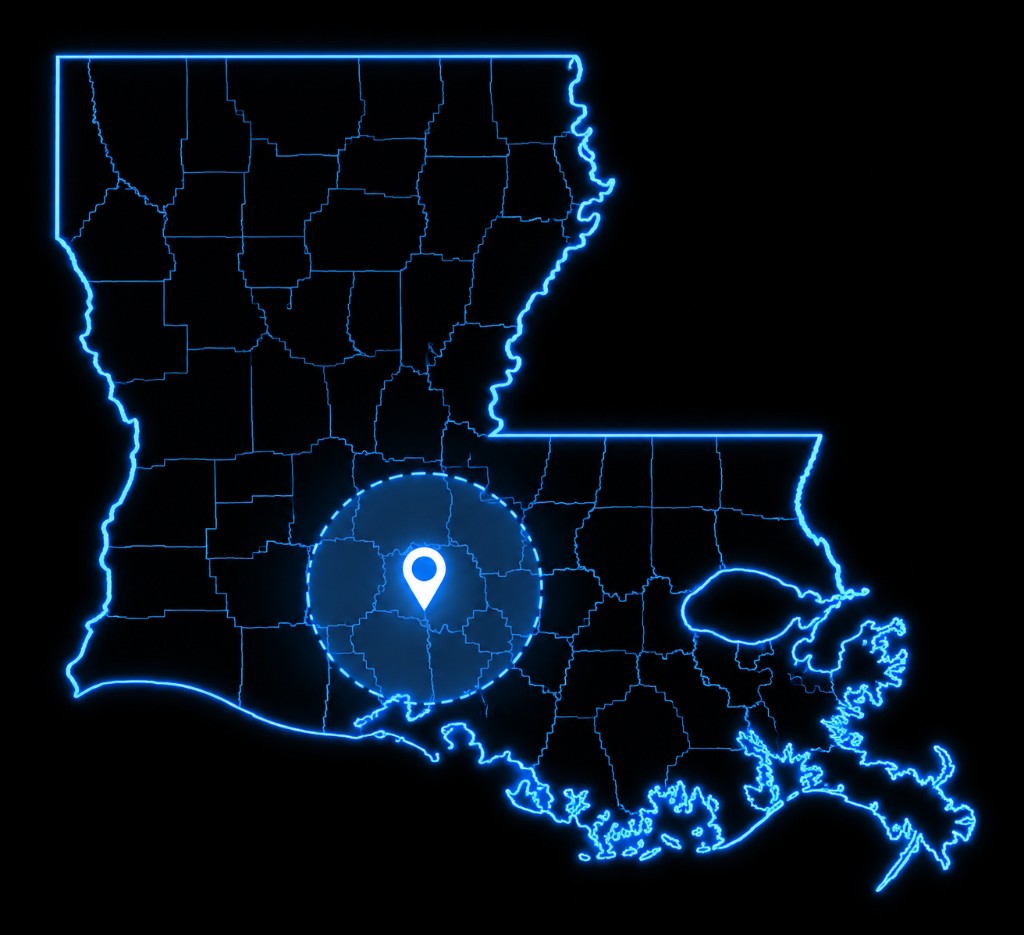 Map of Louisiana with a blue pin on Lafayette and a 30-mile service radius