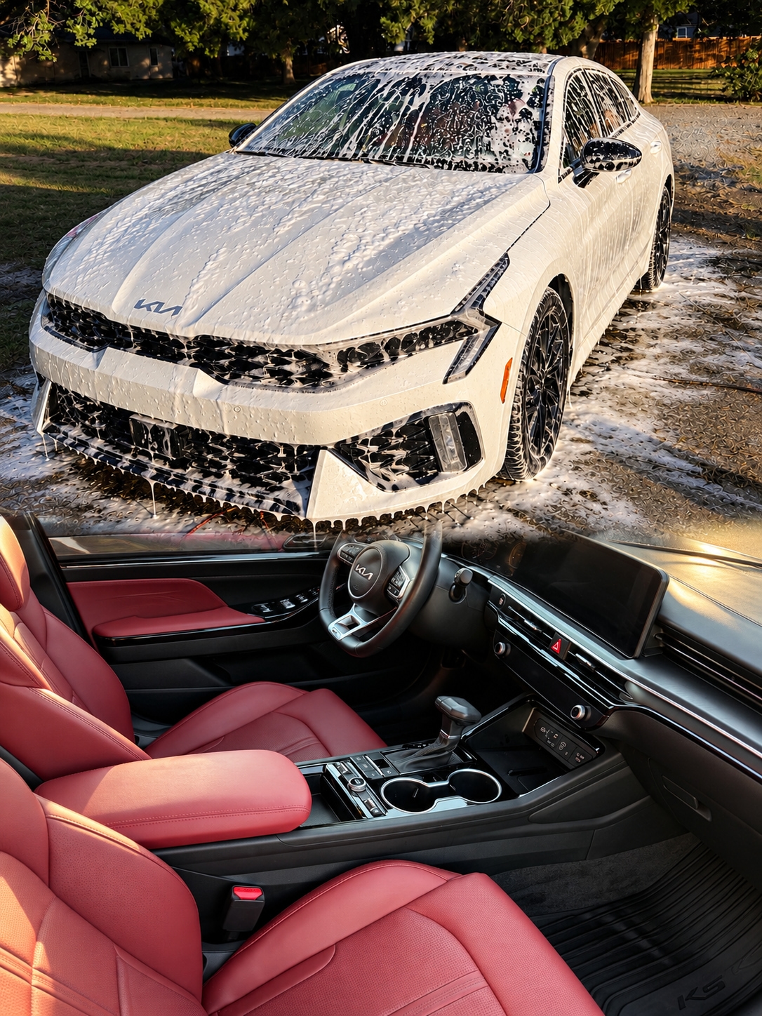 Full detail composite: soapy exterior wash and cleaned red leather interior